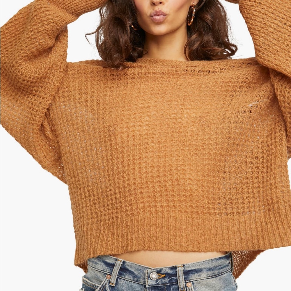 Free People Oversized Sheer Tan V-Neck Sweater